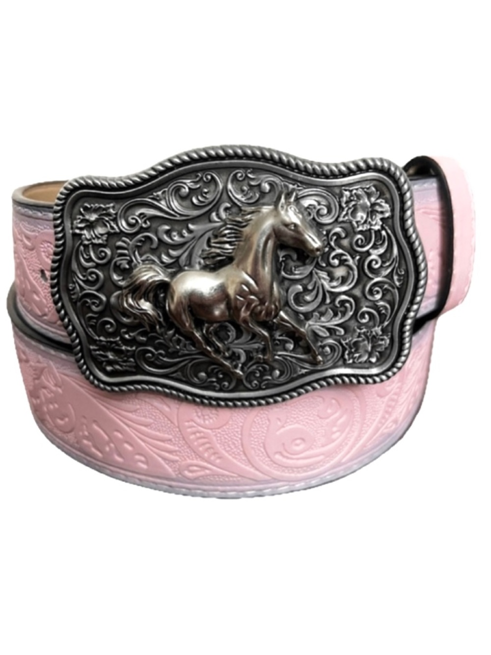 Country Girl western belt pink embossed faux leather retro horse buckle